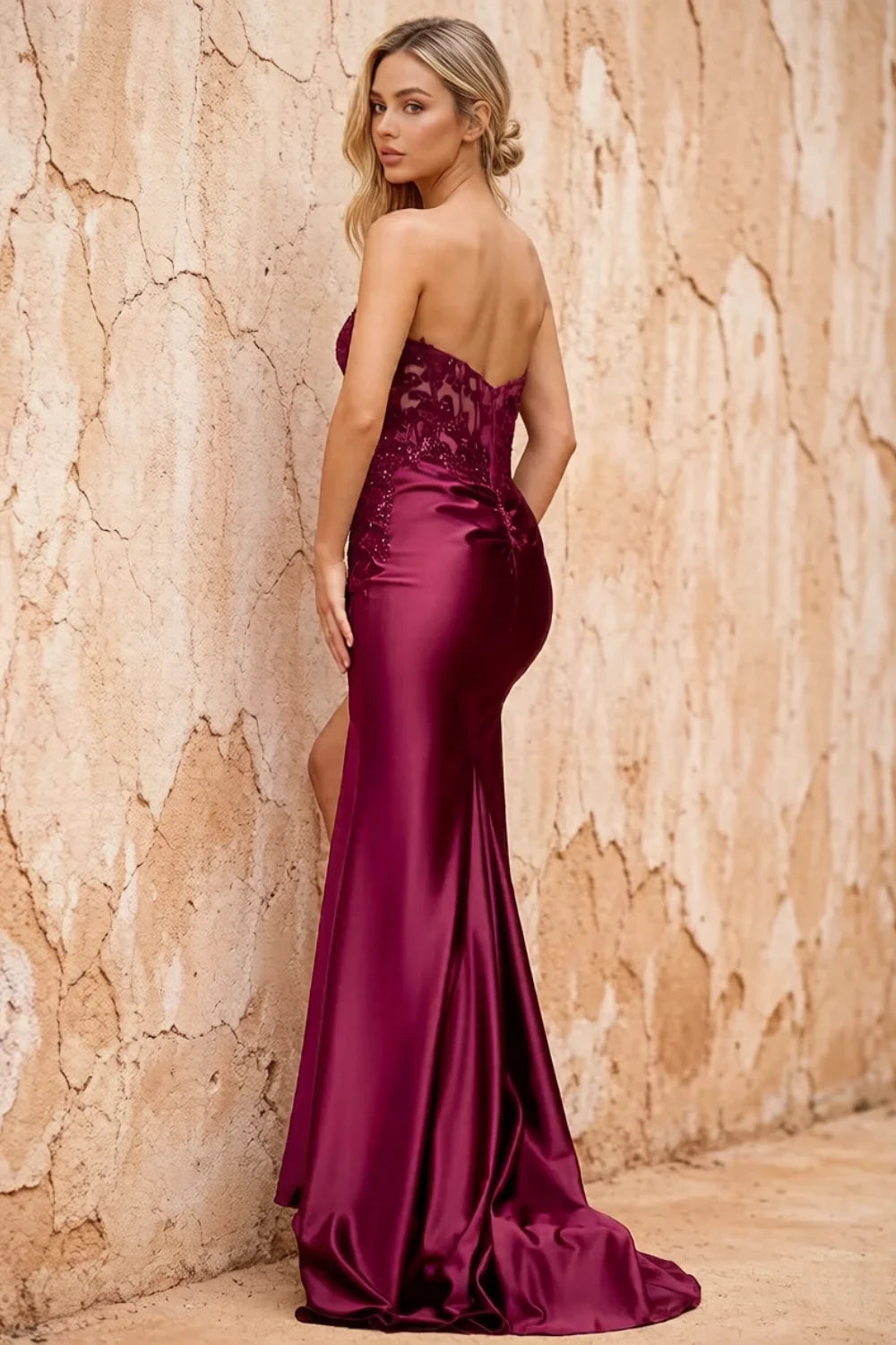 Juliet Burgundy Satin Sweetheart Neckline Maxi Dress