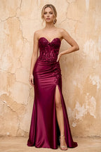 Juliet Burgundy Satin Sweetheart Neckline Maxi Dress