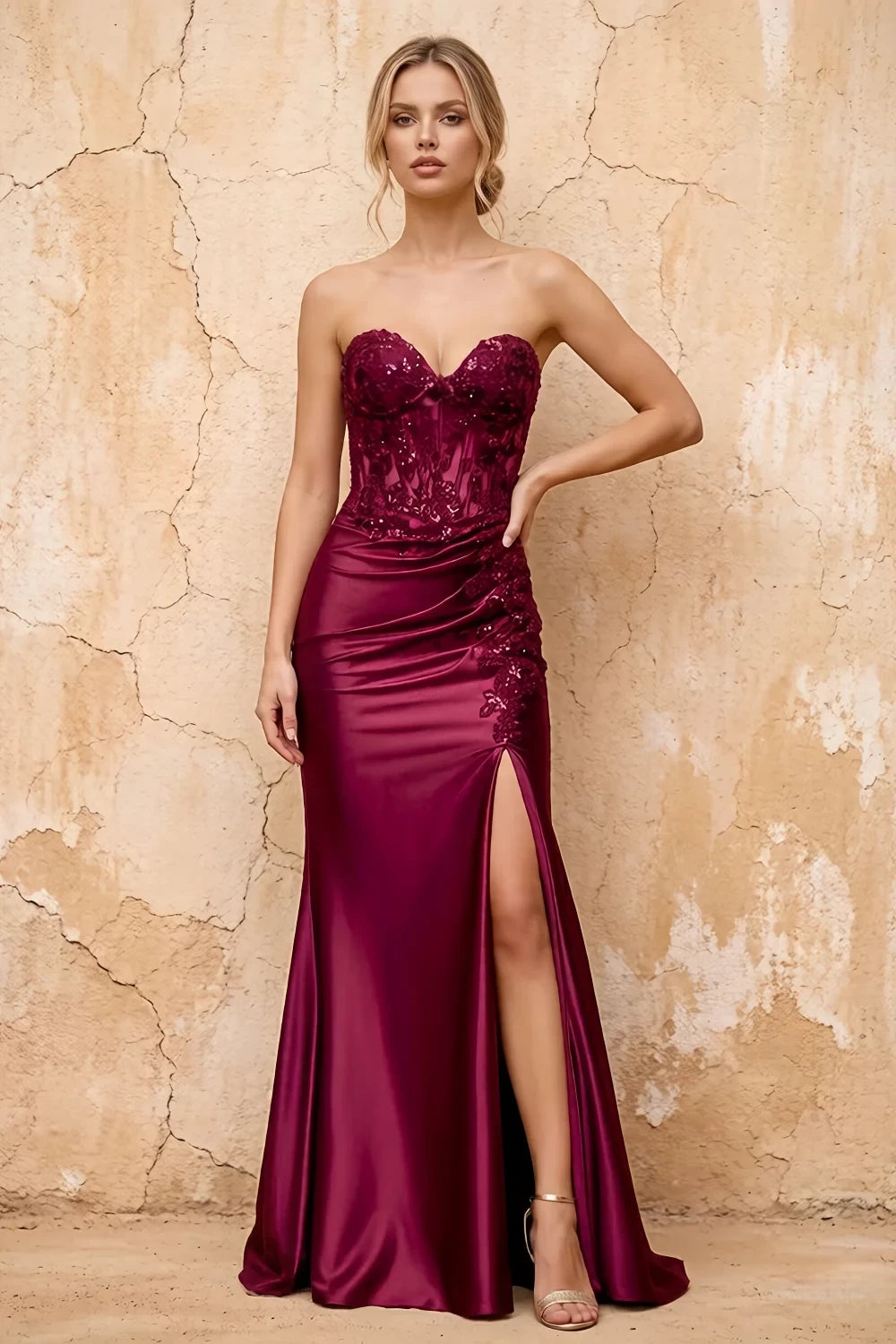 Juliet Burgundy Satin Sweetheart Neckline Maxi Dress