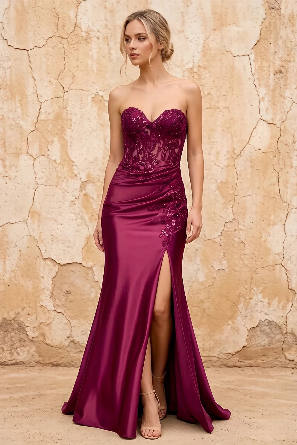 Juliet Burgundy Satin Sweetheart Neckline Maxi Dress