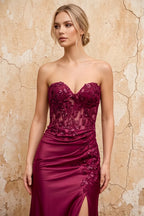 Juliet Burgundy Satin Sweetheart Neckline Maxi Dress