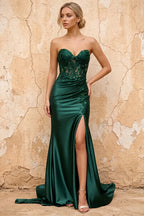 Juliet Dark Green Satin Sweetheart Neckline Maxi Dress