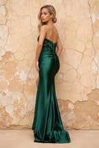 Juliet Dark Green Satin Sweetheart Neckline Maxi Dress