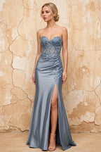 Juliet Dusty Blue Satin Sweetheart Neckline Maxi Dress