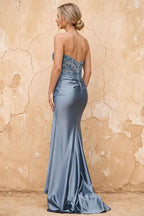 Juliet Dusty Blue Satin Sweetheart Neckline Maxi Dress