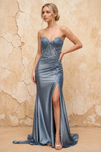 Juliet Dusty Blue Satin Sweetheart Neckline Maxi Dress