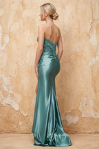 Juliet Dusty Green Satin Sweetheart Neckline Maxi Dress