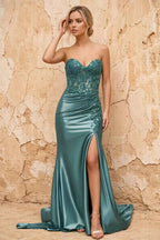 Juliet Dusty Green Satin Sweetheart Neckline Maxi Dress