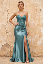 Juliet Dusty Green Satin Sweetheart Neckline Maxi Dress