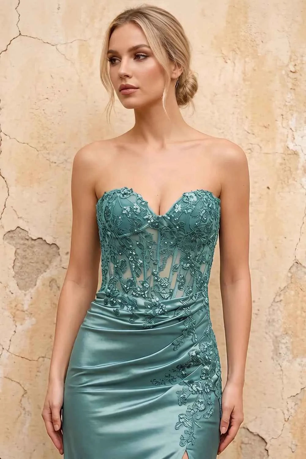 Juliet Dusty Green Satin Sweetheart Neckline Maxi Dress