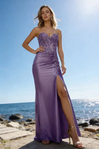 Juliet Lavender Satin Sweetheart Neckline Maxi Dress