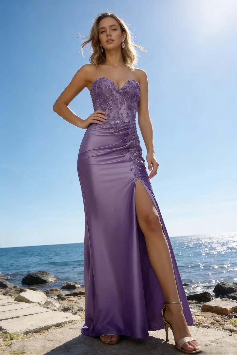 Juliet Lavender Satin Sweetheart Neckline Maxi Dress