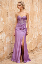 Juliet Lavender Satin Sweetheart Neckline Maxi Dress