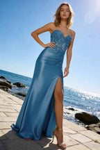 Juliet Light Blue Satin Sweetheart Neckline Maxi Dress