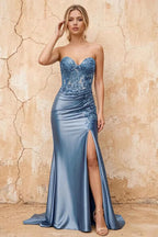Juliet Light Blue Satin Sweetheart Neckline Maxi Dress