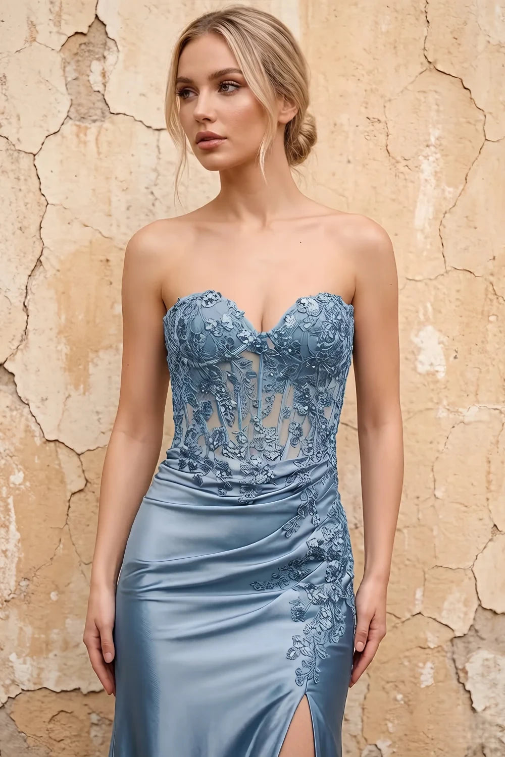 Juliet Light Blue Satin Sweetheart Neckline Maxi Dress