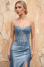Juliet Light Blue Satin Sweetheart Neckline Maxi Dress