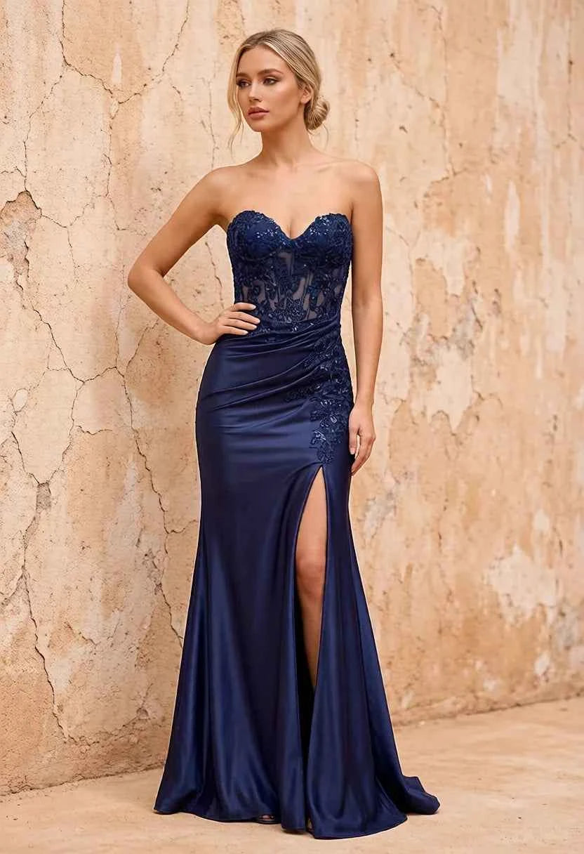 Juliet Navy Satin Sweetheart Neckline Maxi Dress