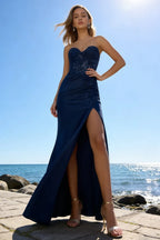 Juliet Navy Satin Sweetheart Neckline Maxi Dress