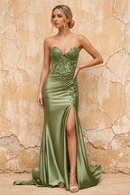 Juliet Olive Green Satin Sweetheart Neckline Maxi Dress