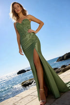 Juliet Olive Green Satin Sweetheart Neckline Maxi Dress