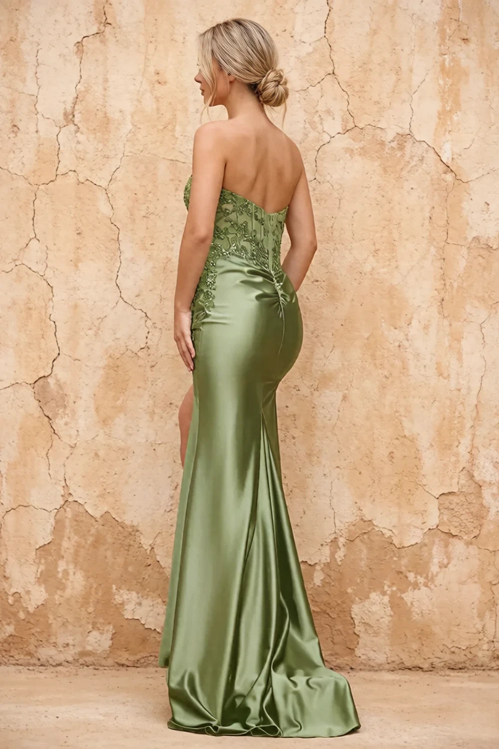 Juliet Olive Green Satin Sweetheart Neckline Maxi Dress