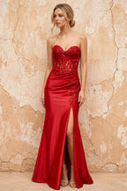 Juliet Red Satin Sweetheart Neckline Maxi Dress