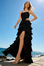 June Black Satin Floral Jacquard Ruffles Maxi Dress