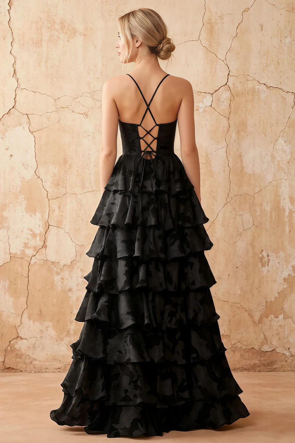 June Black Satin Floral Jacquard Ruffles Maxi Dress