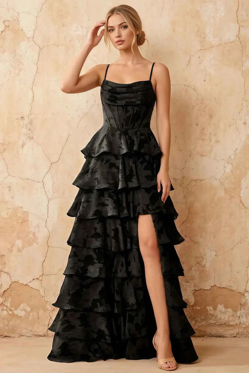 June Black Satin Floral Jacquard Ruffles Maxi Dress