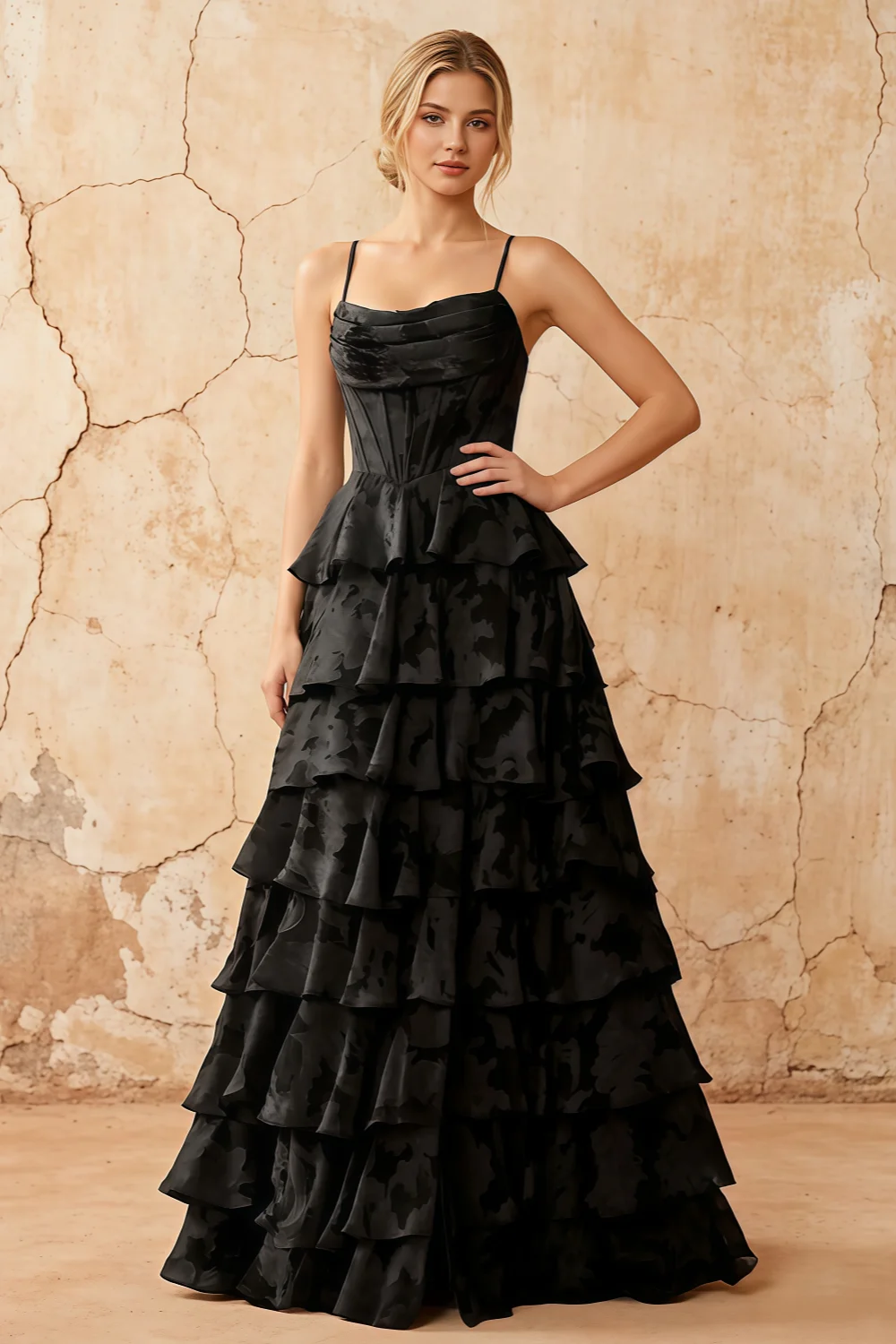June Black Satin Floral Jacquard Ruffles Maxi Dress