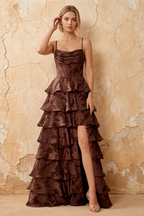 June Chocolate Satin Floral Jacquard Ruffles Maxi Dress