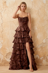 June Chocolate Satin Floral Jacquard Ruffles Maxi Dress