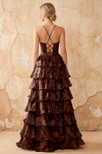 June Chocolate Satin Floral Jacquard Ruffles Maxi Dress