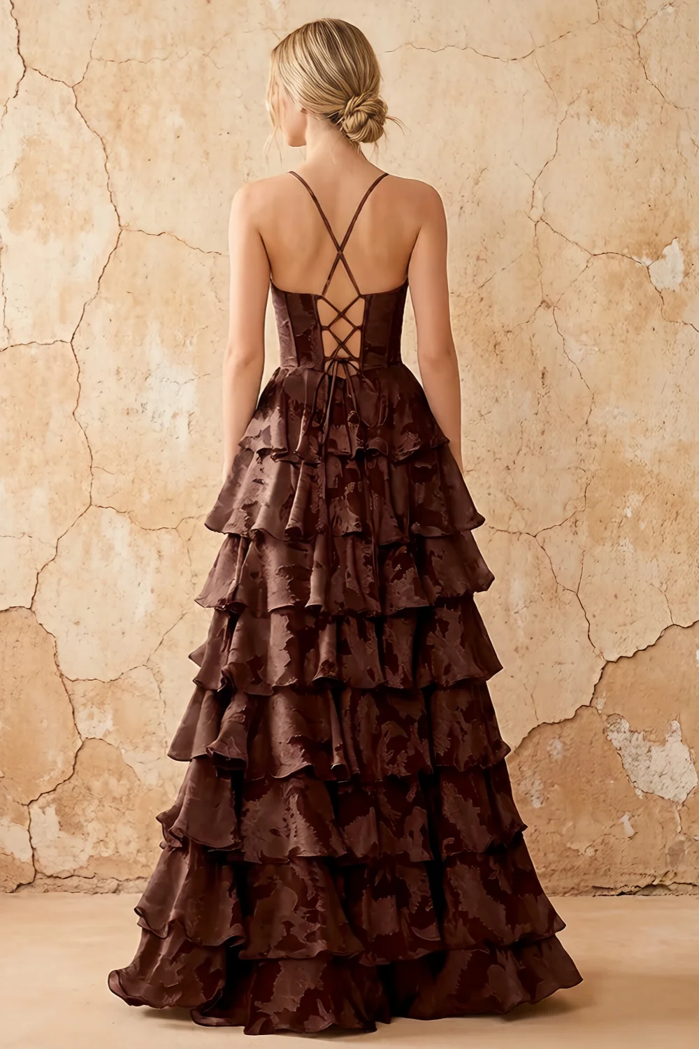 June Chocolate Satin Floral Jacquard Ruffles Maxi Dress