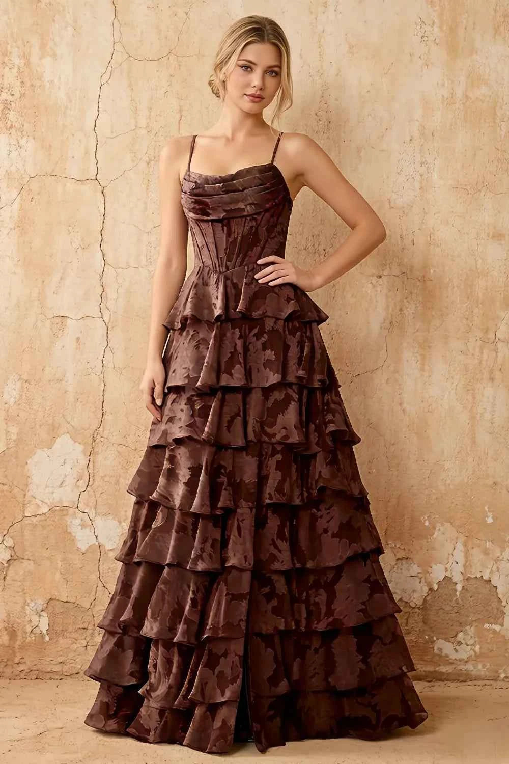 June Chocolate Satin Floral Jacquard Ruffles Maxi Dress