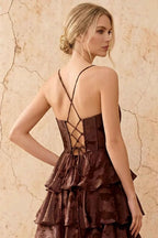 June Chocolate Satin Floral Jacquard Ruffles Maxi Dress