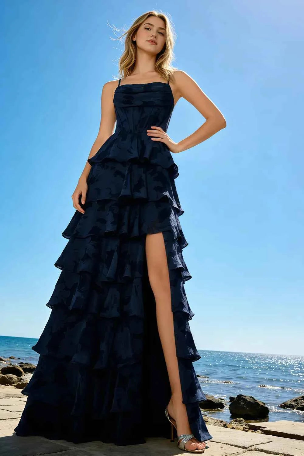 June Dark Navy Satin Floral Jacquard Ruffles Maxi Dress