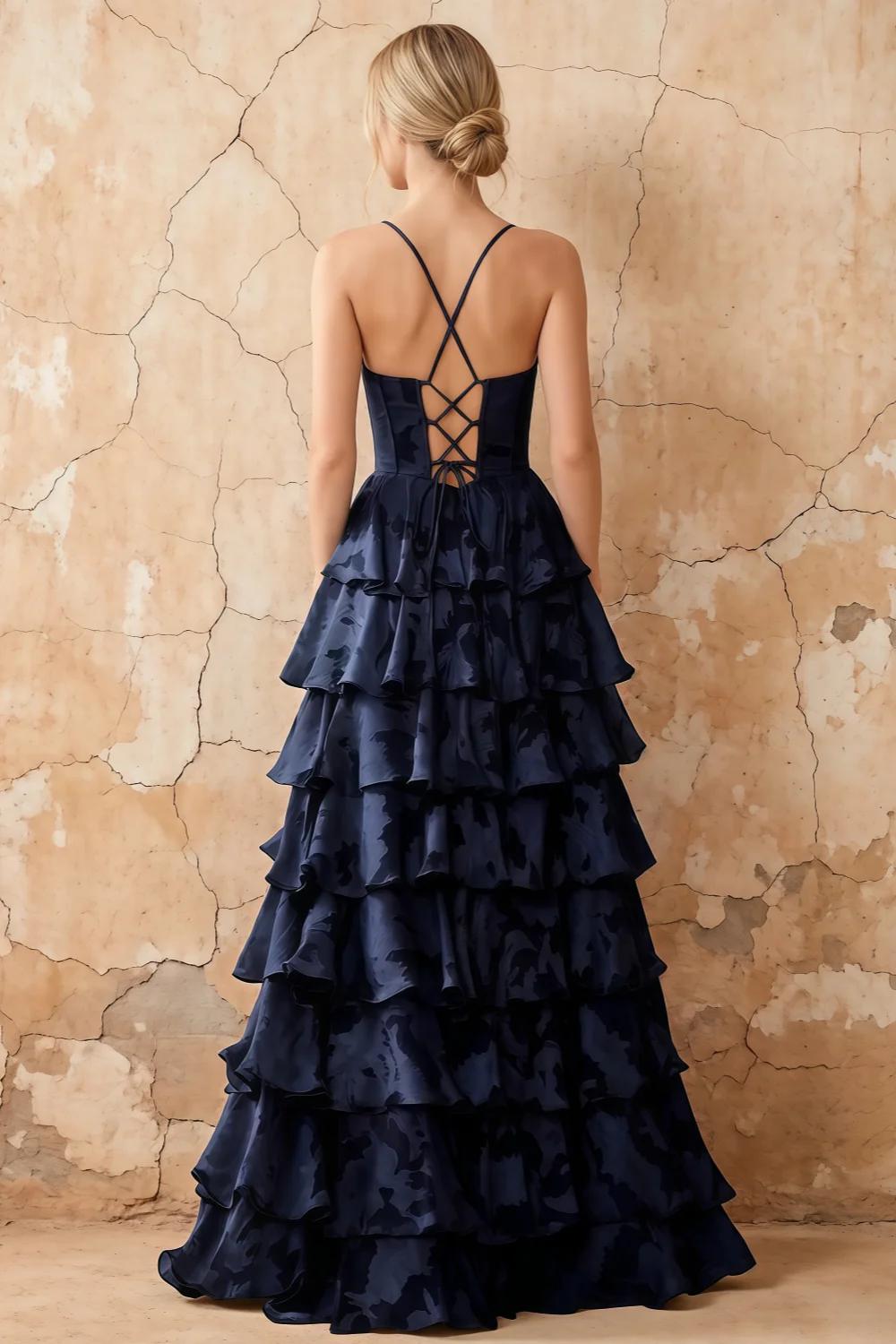June Dark Navy Satin Floral Jacquard Ruffles Maxi Dress