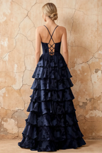 June Dark Navy Satin Floral Jacquard Ruffles Maxi Dress