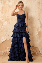 June Dark Navy Satin Floral Jacquard Ruffles Maxi Dress
