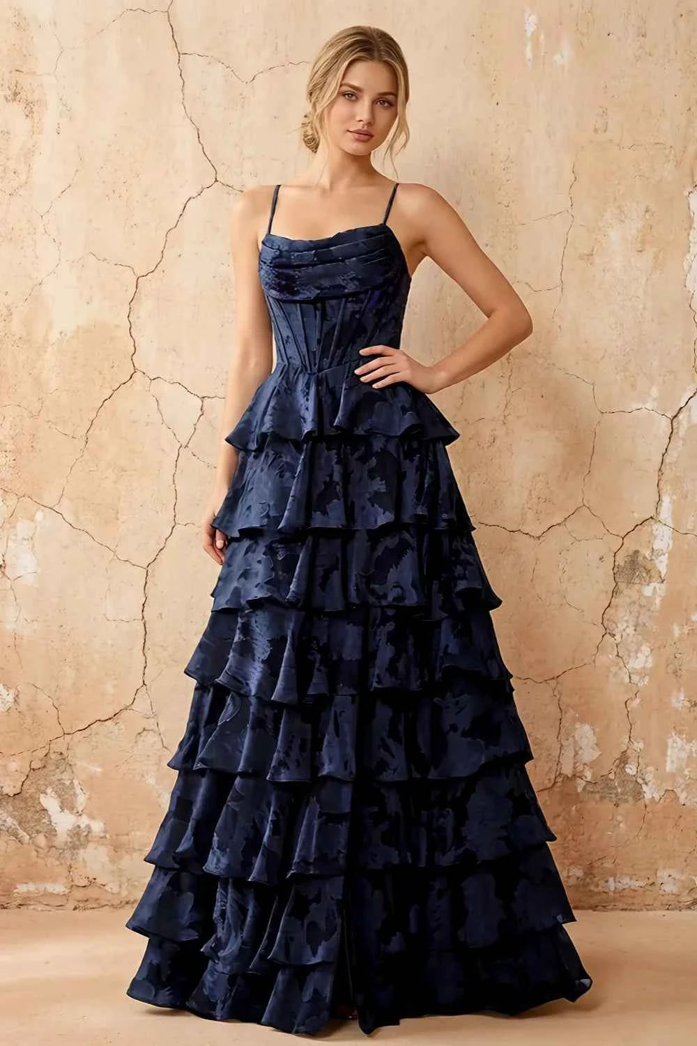 June Dark Navy Satin Floral Jacquard Ruffles Maxi Dress