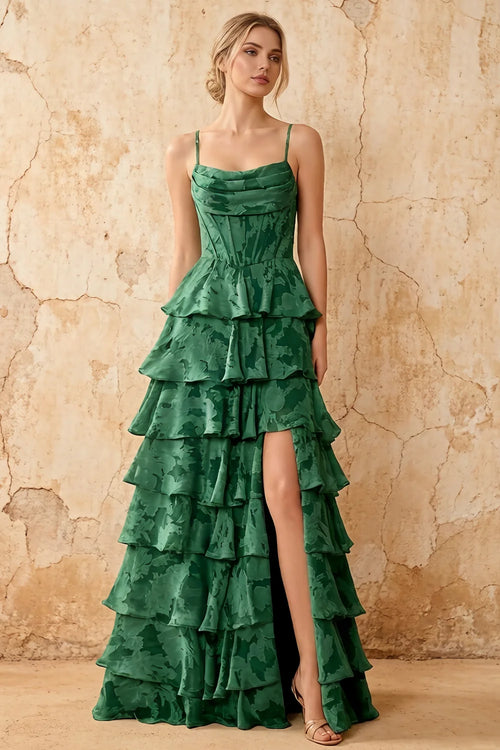 June Emerald Green Satin Floral Jacquard Ruffles Maxi Dress