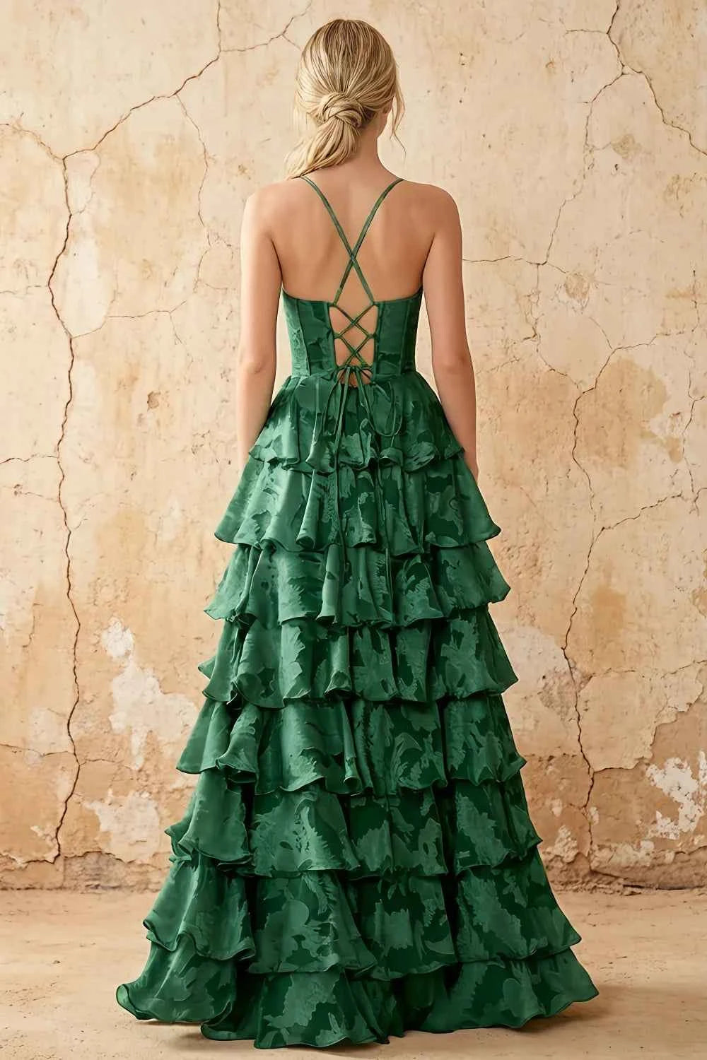 June Emerald Green Satin Floral Jacquard Ruffles Maxi Dress