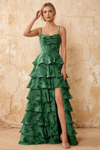 June Emerald Green Satin Floral Jacquard Ruffles Maxi Dress