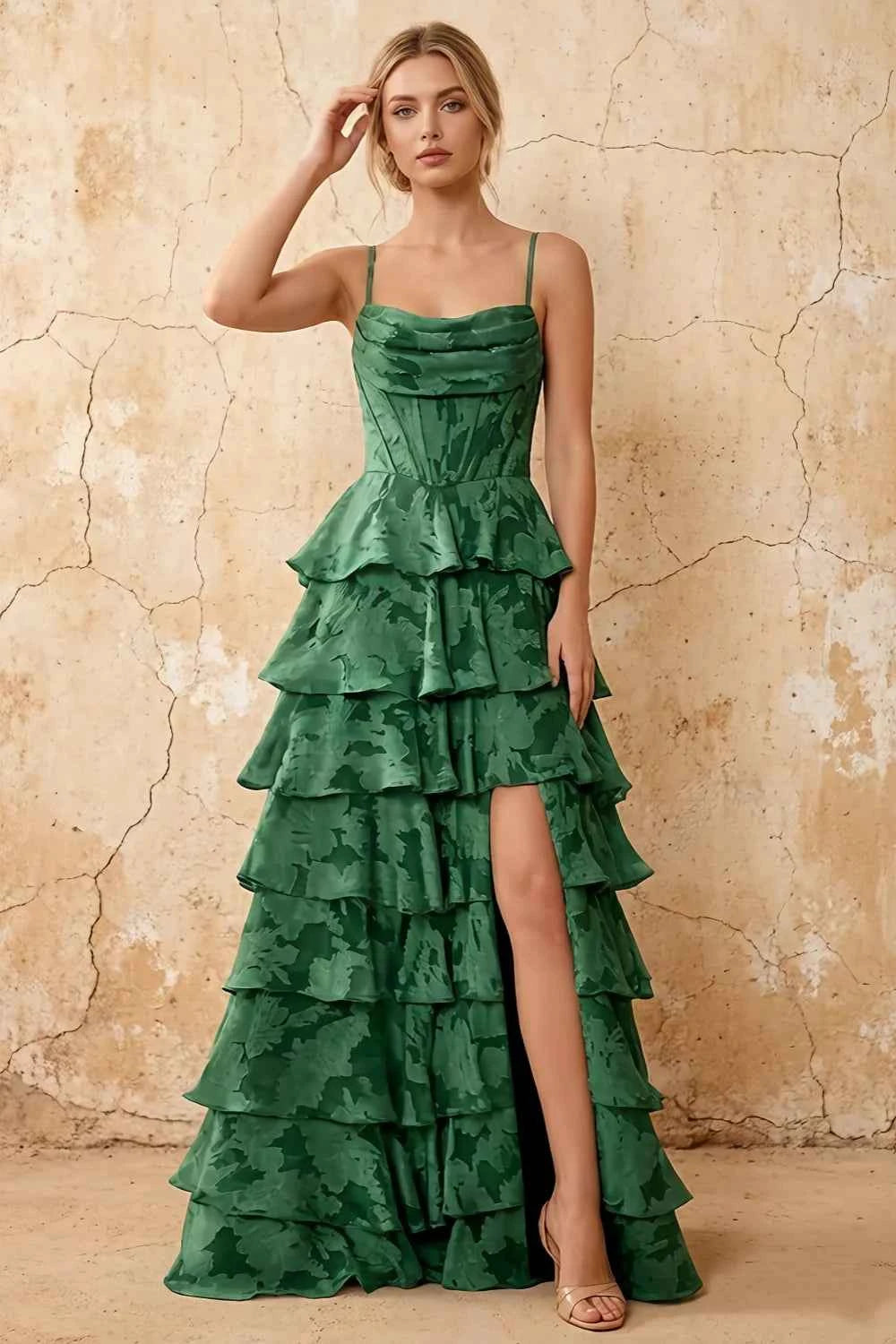 June Emerald Green Satin Floral Jacquard Ruffles Maxi Dress