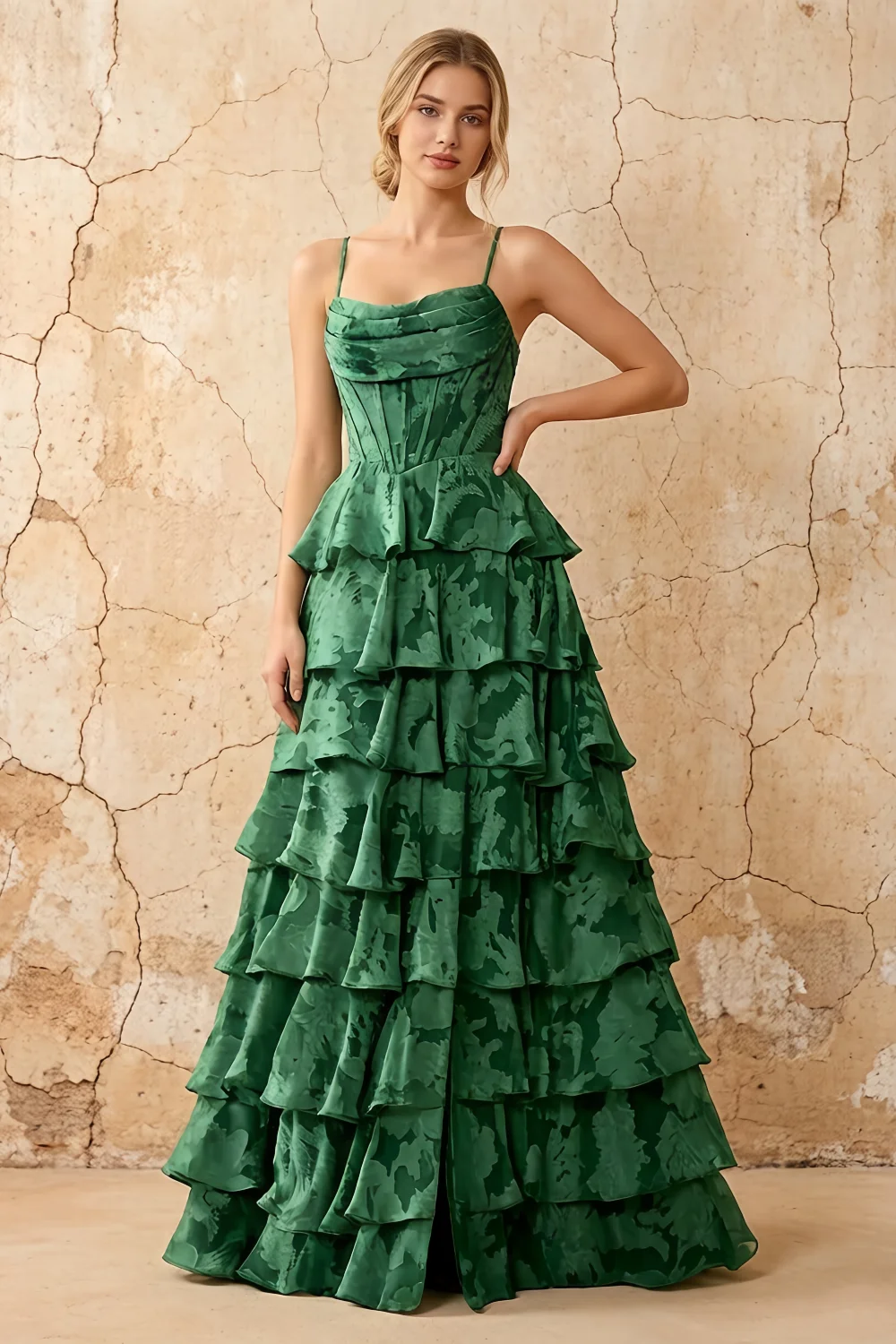 June Emerald Green Satin Floral Jacquard Ruffles Maxi Dress
