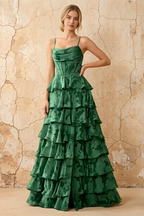 June Emerald Green Satin Floral Jacquard Ruffles Maxi Dress