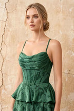 June Emerald Green Satin Floral Jacquard Ruffles Maxi Dress