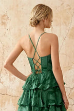 June Emerald Green Satin Floral Jacquard Ruffles Maxi Dress